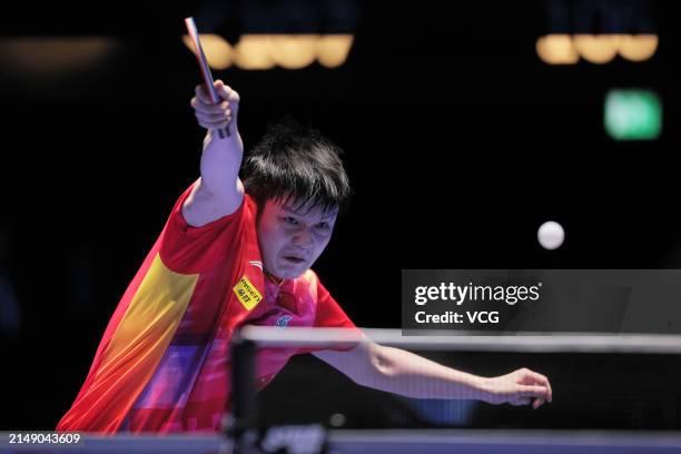 Fan Zhendong of China competes in the Men's Singles group match against Wong Chun Ting of Chinese Hong Kong on day three of ITTF Men's and Women's...