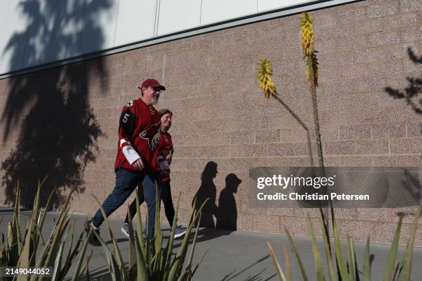 Fans of the Arizona Coyotes arrive to Mullett Arena before the NHL game against the Edmonton Oilers on April 17, 2024 in Tempe, Arizona. Tonight's...