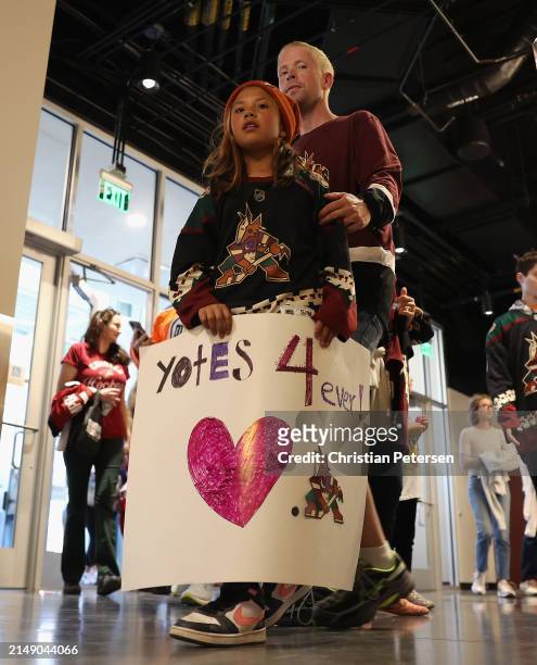 Fans of the Arizona Coyotes arrive to the NHL game between the Edmonton Oilers and the Arizona Coyotes at Mullett Arena on April 17, 2024 in Tempe,...