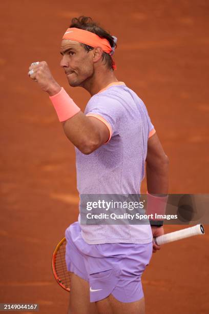 Rafael Nadal of Spain celebrates a point against Alex de Minaur of Australia in the second round during day three of the Barcelona Open Banc Sabadell...