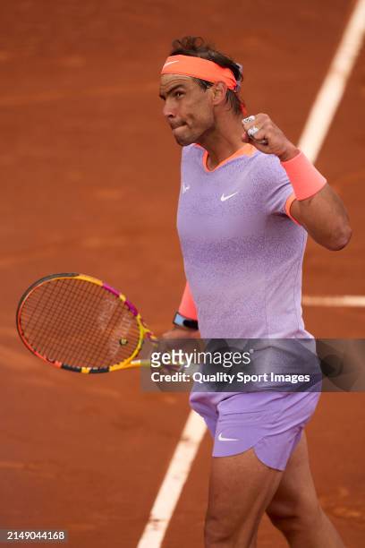 Rafael Nadal of Spain celebrates a point against Alex de Minaur of Australia in the second round during day three of the Barcelona Open Banc Sabadell...