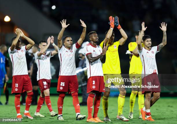 Players of Internacional celebrate after winning a match between Palmeiras and Internacional as part of Brasileirao Series A at Arena Barueri on...