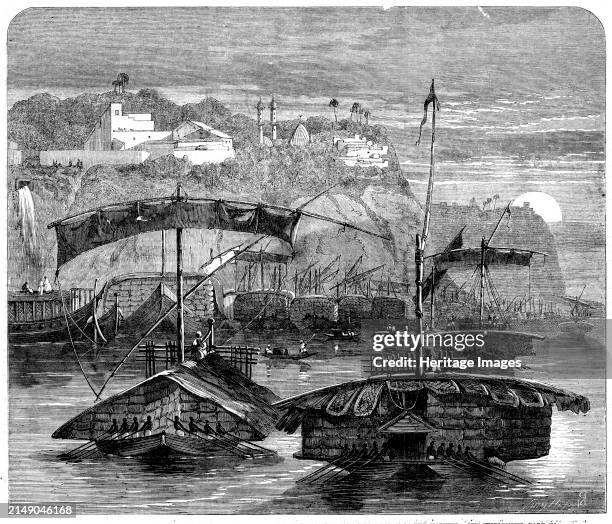 A cotton fleet descending the Ganges - casting off from Mirzapore early in the morning, 1862. Boats en route to '...Calcutta, for the purpose of...
