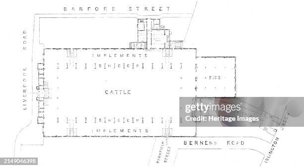 Plan of the new Agricultural Hall, Islington, [London], 1862. The hall '...has entrances from all sides. Its central position, as regards the various...