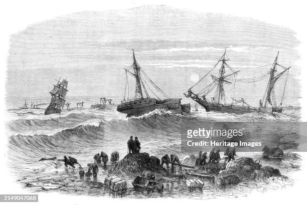 Wreck of the Aberdeen steamer Stanley at Tynemouth, 1864. Engraving from a sketch by Mr. R. Watson. '...while attempting to run into the Tyne for...