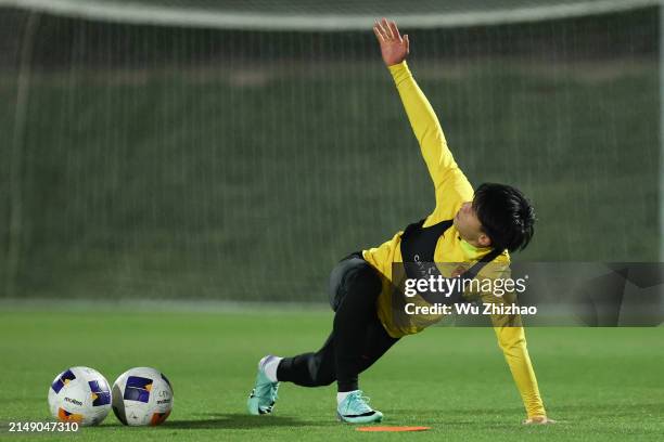 Xu Bin of Team China attends a training session ahead of the the AFC U23 Asian Cup 2024 Group B match between China and South Korea at the Abdullah...