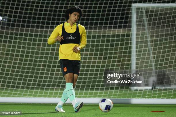 Ruan Qilong of Team China attends a training session ahead of the the AFC U23 Asian Cup 2024 Group B match between China and South Korea at the...