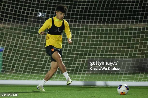 Liu Haofan of Team China attends a training session ahead of the the AFC U23 Asian Cup 2024 Group B match between China and South Korea at the...