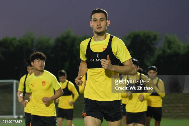 Behram Abduweli of Team China attends a training session ahead of the the AFC U23 Asian Cup 2024 Group B match between China and South Korea at the...