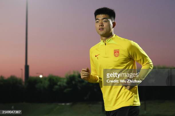 Liang Shaowen of Team China attends a training session ahead of the the AFC U23 Asian Cup 2024 Group B match between China and South Korea at the...