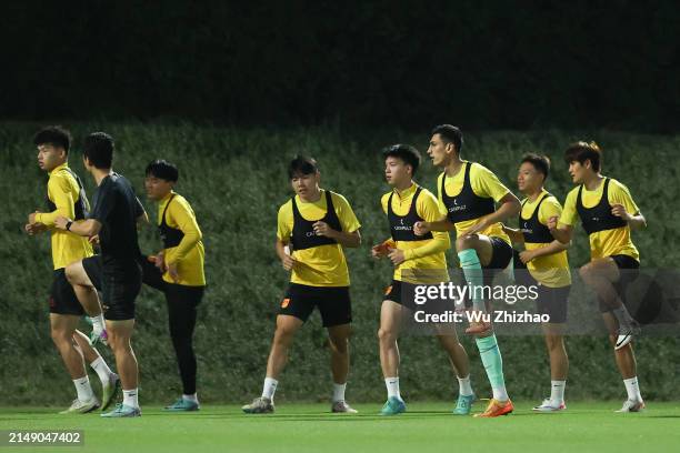 Players of Team China attend a training session ahead of the the AFC U23 Asian Cup 2024 Group B match between China and South Korea at the Abdullah...