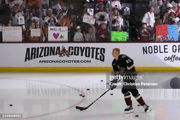 Aku Raty of the Arizona Coyotes skates on the ice for warm ups to the NHL game against the Edmonton Oilers at Mullett Arena on April 17, 2024 in...