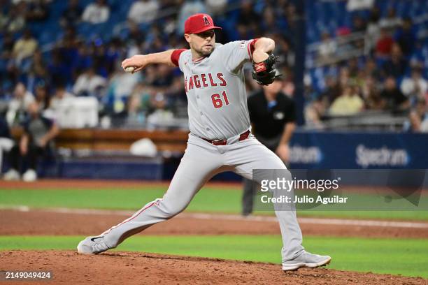 Hunter Strickland of the Los Angeles Angels delivers a pitch in the ninth inning against the Tampa Bay Rays at Tropicana Field on April 17, 2024 in...