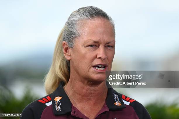 Queensland Maroons women's head coach Tahnee Norris speaks to the media during the 2024 Women's State of Origin Series Launch at Fiume Rooftop Bar on...