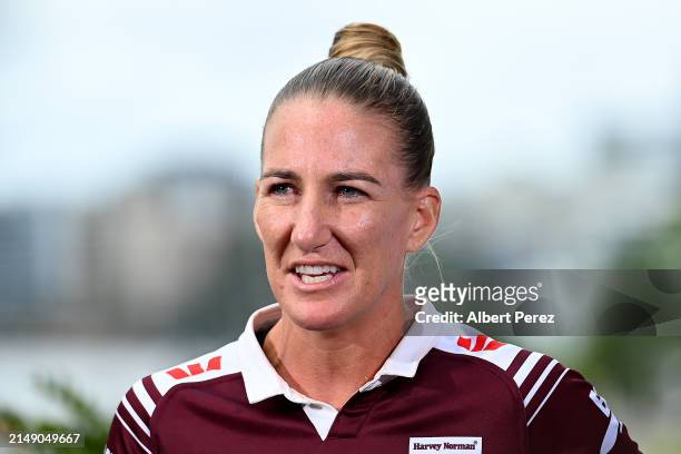 Queensland Maroons women's captain Ali Brigginshaw speaks to the media during the 2024 Women's State of Origin Series Launch at Fiume Rooftop Bar on...