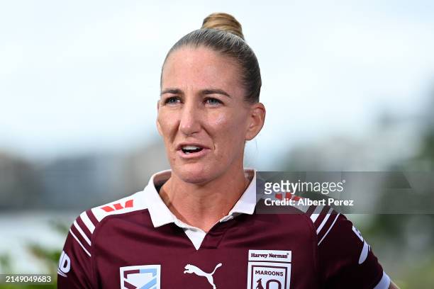 Queensland Maroons women's captain Ali Brigginshaw speaks to the media during the 2024 Women's State of Origin Series Launch at Fiume Rooftop Bar on...
