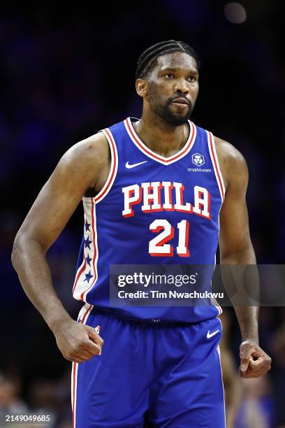 Joel Embiid of the Philadelphia 76ers reacts during the fourth quarter against the Miami Heat during the Eastern Conference Play-In Tournament at the...