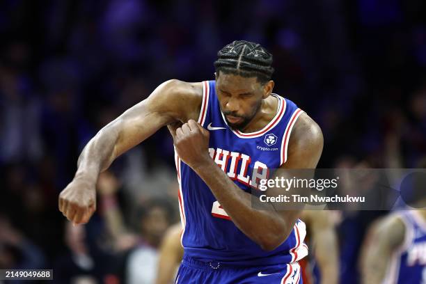 Joel Embiid of the Philadelphia 76ers reacts during the fourth quarter against the Miami Heat during the Eastern Conference Play-In Tournament at the...