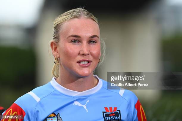 Jaime Chapman of NSW speaks to the media during the 2024 Women's State of Origin Series Launch at Fiume Rooftop Bar on April 18, 2024 in Brisbane,...