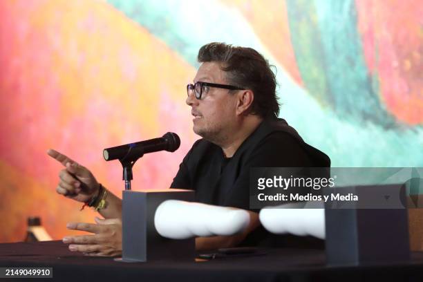Rivelino speaks at the presentation of the new sculpture 'Tú' at Museo de Antropologia on April 17, 2024 in Mexico City, Mexico.