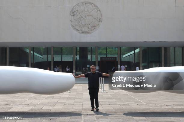 Rivelino poses for a photo at the presentation of the new sculpture 'Tú' at Museo de Antropologia on April 17, 2024 in Mexico City, Mexico.