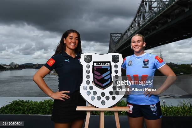 Olivia Kernick and Jaime Chapman of NSW pose for portraits during the 2024 Women's State of Origin Series Launch at Fiume Rooftop Bar on April 18,...