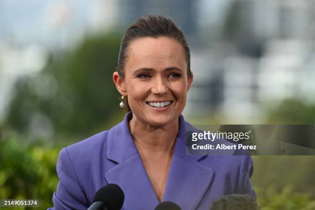 Presenter Emma Lawrence speaks to the media during the 2024 Women's State of Origin Series Launch at Fiume Rooftop Bar on April 18, 2024 in Brisbane,...