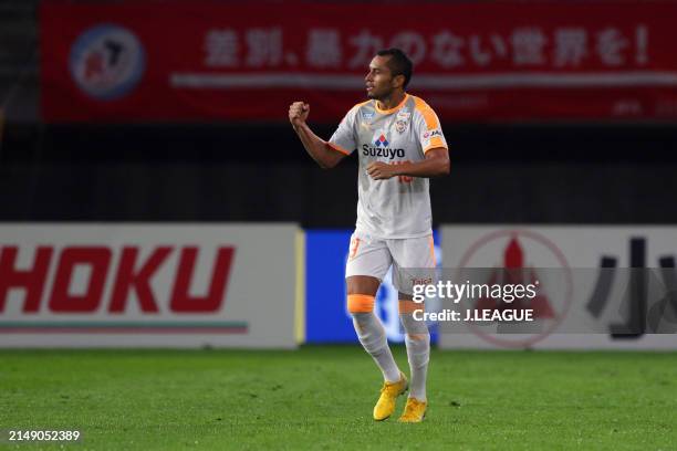 Douglas Vieira of Shimizu S-Pulse celebrates after scoring the team's first goal during the J.League J1 match between Vegalta Sendai and Shimizu...