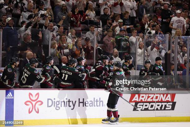 Liam O'Brien of the Arizona Coyotes celebrates with teammates on the bench after scoring a goal against the Edmonton Oilers during the first period...