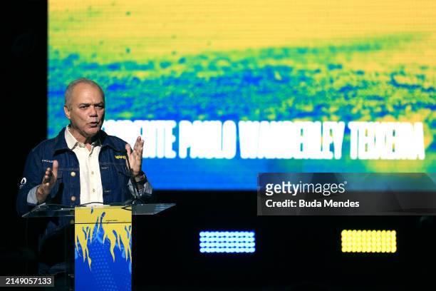 Brazil Olympic Comittee President Paulo Wanderley speaks during an official event organized by COB to mark the 100-day countdown to the Paris 2024...