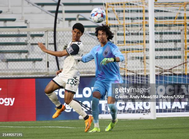 Antonio Carrera of North Carolina FC clears the ball away from Joshua Rodriguez of Carolina Core FC during the U.S. Open Cup third round game between...