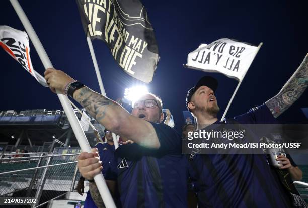 North Carolina FC supporters cheer during the U.S. Open Cup third round game between North Carolina FC and Carolina Core FC at WakeMed Soccer Park on...