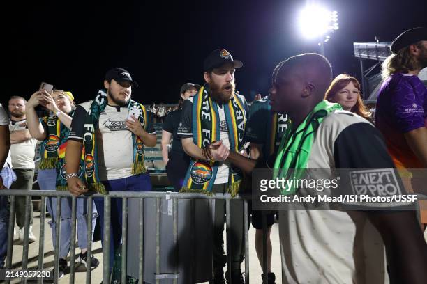 Ibrahim Covi of Carolina Core FC thanks fans after the U.S. Open Cup third round game between North Carolina FC and Carolina Core FC at WakeMed...