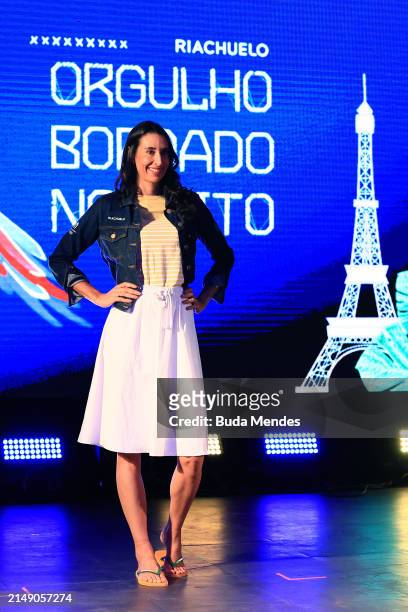 Former volleyball player Sheilla Castro presents the Brazilian Olympic Team uniform for the opening ceremony of the Paris 2024 Olympic Games during...