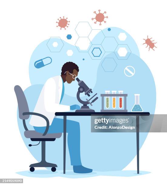 illustrations, cliparts, dessins animés et icônes de tests médicaux. un scientifique afro-américain regardant à travers le microscope. une expérience scientifique en laboratoire. - microscope