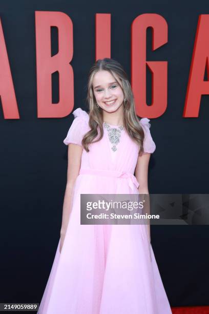 Alisha Weir attends the Los Angeles premiere of Universal Pictures "Abigail" at Regency Village Theatre on April 17, 2024 in Los Angeles, California.