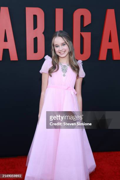 Alisha Weir attends the Los Angeles premiere of Universal Pictures "Abigail" at Regency Village Theatre on April 17, 2024 in Los Angeles, California.