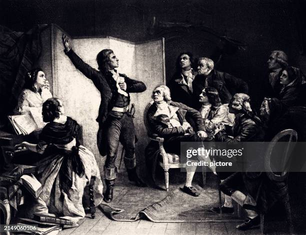national anthem of france : rouget de l'isle singing ''la marseillaise'' for the firts time (xxxl) - french language stock illustrations