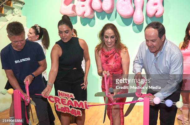 André Jacquet, Galilea Montijo, Laiza Martinez and Guillermo Sahagun cut liston during the 'Creamilandia' Opening at colonia Juarez on April 17, 2024...