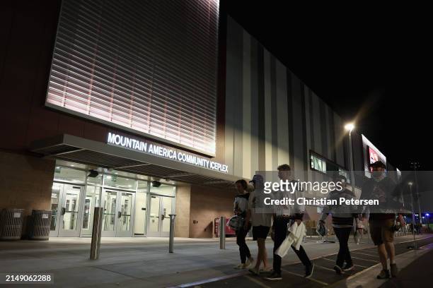 Fans of the Arizona Coyotes leave Mullett Arena following the NHL game against the Edmonton Oilers on April 17, 2024 in Tempe, Arizona. The Coyotes...
