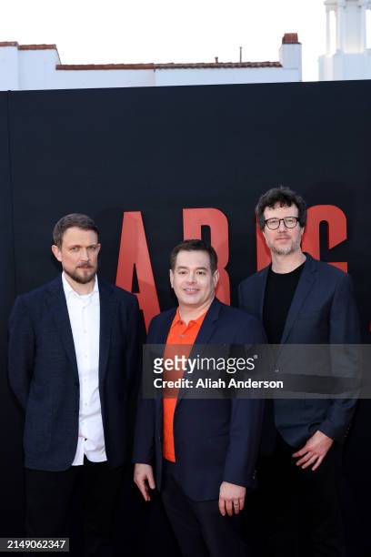 Matt Bettinelli-Olpin, Chad Villella and Tyler Gillett attend the Los Angeles premiere of Universal Pictures "Abigail" at Regency Village Theatre on...
