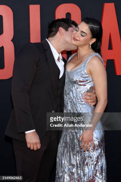Xavier Zazueta and Melissa Barrera attend the Los Angeles premiere of Universal Pictures "Abigail" at Regency Village Theatre on April 17, 2024 in...
