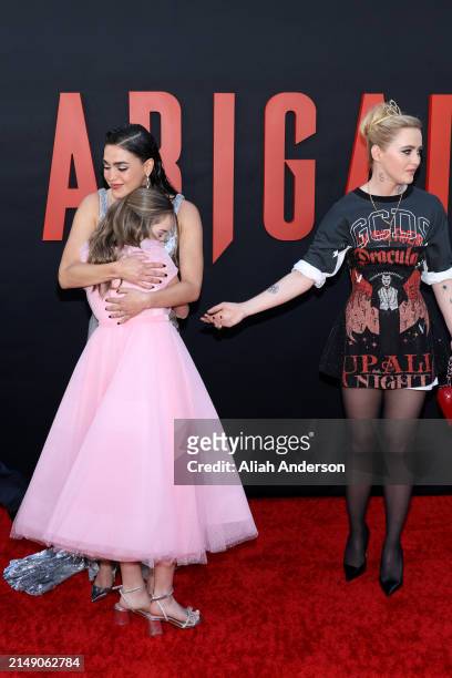 Melissa Barrera, Alisha Weir and Kathryn Newton attend the Los Angeles premiere of Universal Pictures "Abigail" at Regency Village Theatre on April...