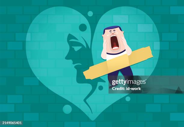 mann weint und wird mit gebrochenem herzen an die wand geklebt - nicht-erwiderte-liebe stock-grafiken, -clipart, -cartoons und -symbole
