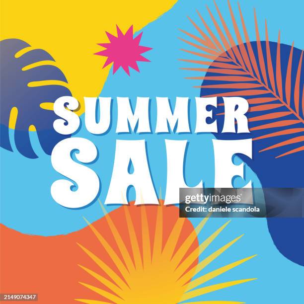 summer tropical sale banner with palm leaves and exotic plants. - beach postcard stock illustrations