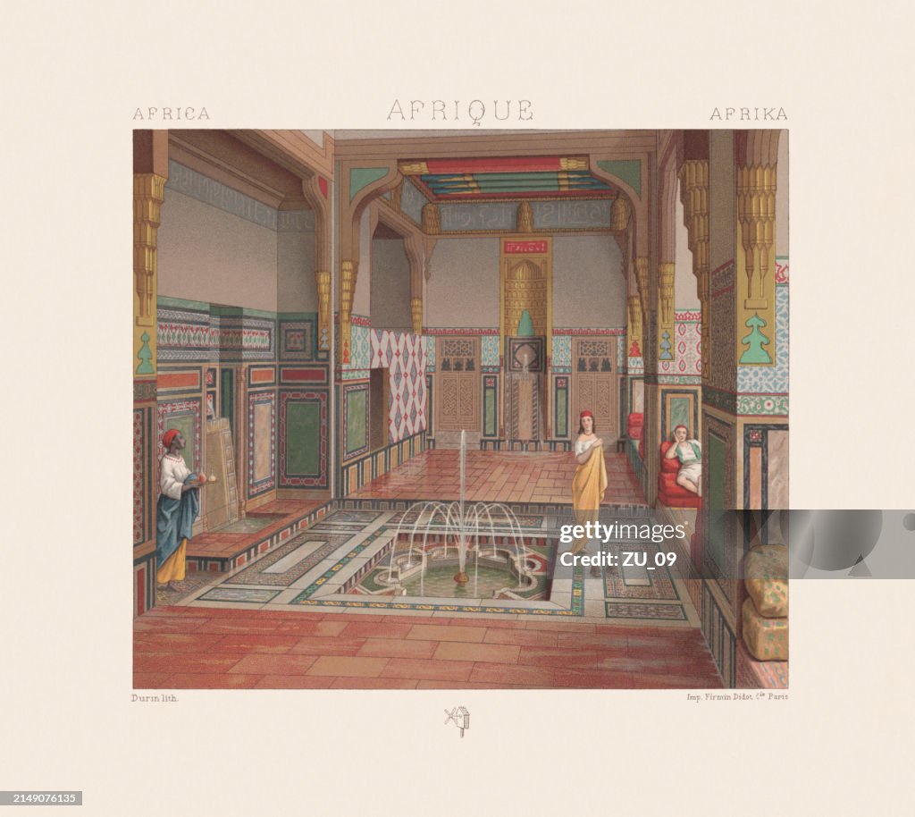Cool summer salon with fountain, Cairo, Egypt, chromolithograph, published 1888