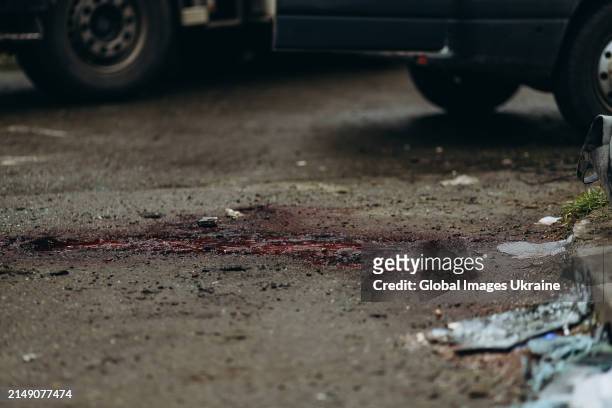 Traces of blood left on the street after Russian missile attack on April 17, 2024 in Chernihiv, Ukraine. Russian forces launched three missile...