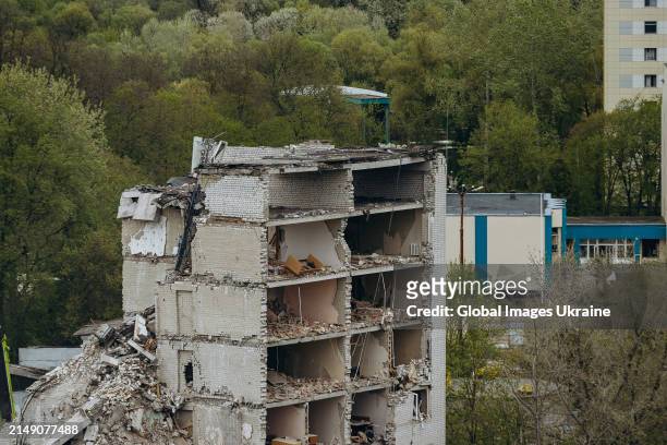 An object of social infrastructure destroyed as result of missile attack on April 17, 2024 in Chernihiv, Ukraine. Russian forces launched three...