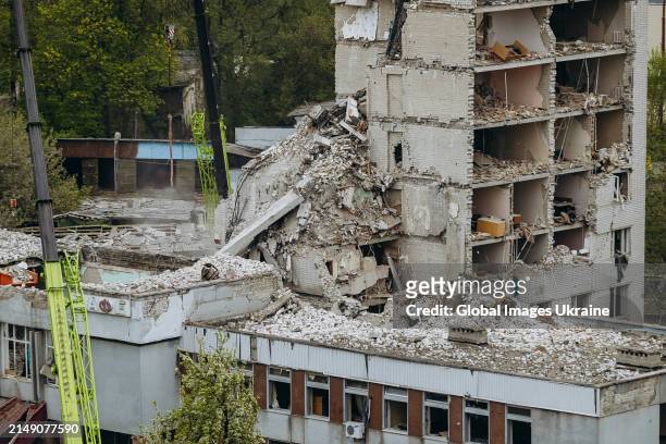 An object of social infrastructure destroyed as result of missile attack on April 17, 2024 in Chernihiv, Ukraine. Russian forces launched three...