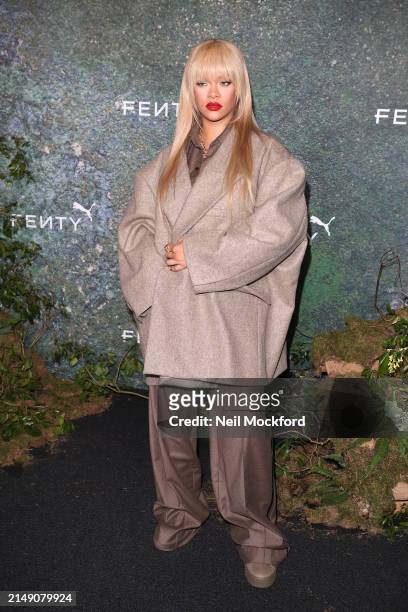 Rihanna attends the FENTY x PUMA Creeper Phatty Earth Tone Launch Party at Tobacco Dock on April 17, 2024 in London, England.